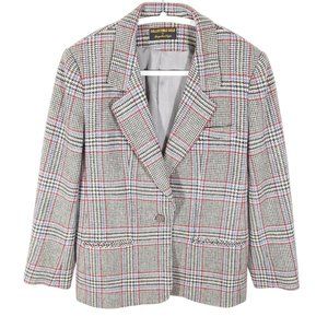 Vintage GIORGIO SANT ANGELO Glen Plain 100% Wool Blazer Size 8 Grey Red